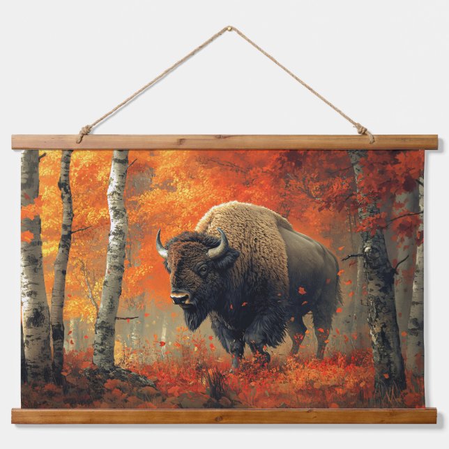 Bison in the Autumn Woods Artwork Hanging Tapestry (Front)
