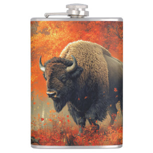 Bison in the Autumn Woods Artwork Hip Flask