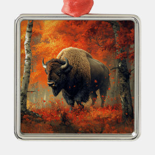 Bison in the Autumn Woods Artwork Metal Ornament