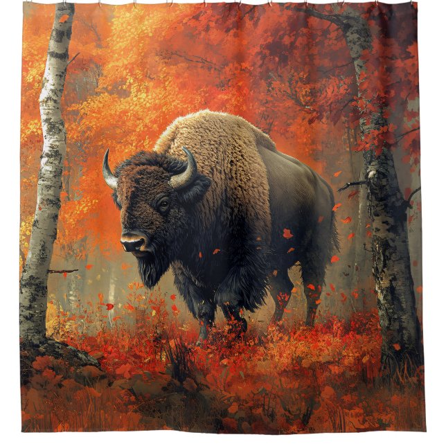 Bison in the Autumn Woods Artwork Shower Curtain (Front)