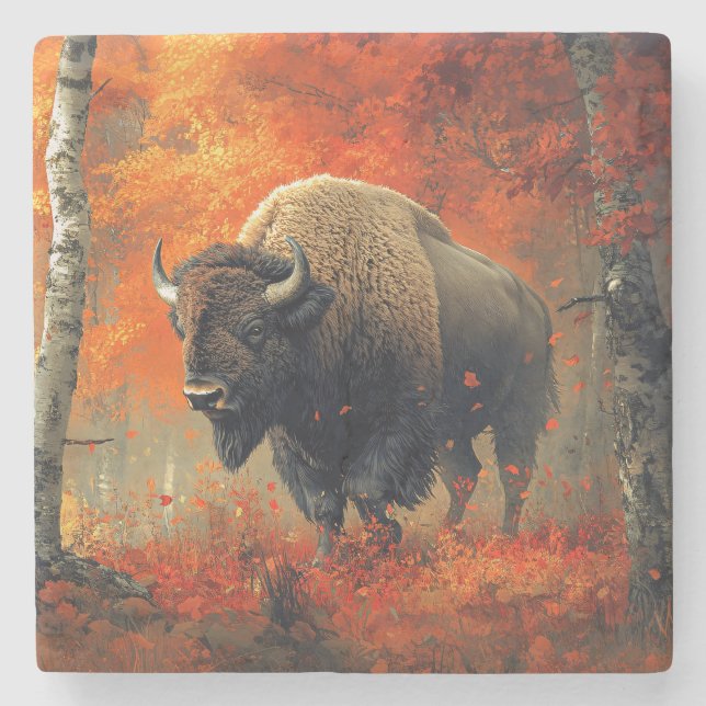 Bison in the Autumn Woods Artwork Stone Coaster (Front)