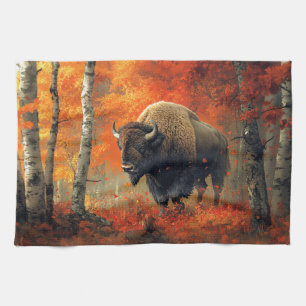 Bison in the Autumn Woods Artwork Tea Towel