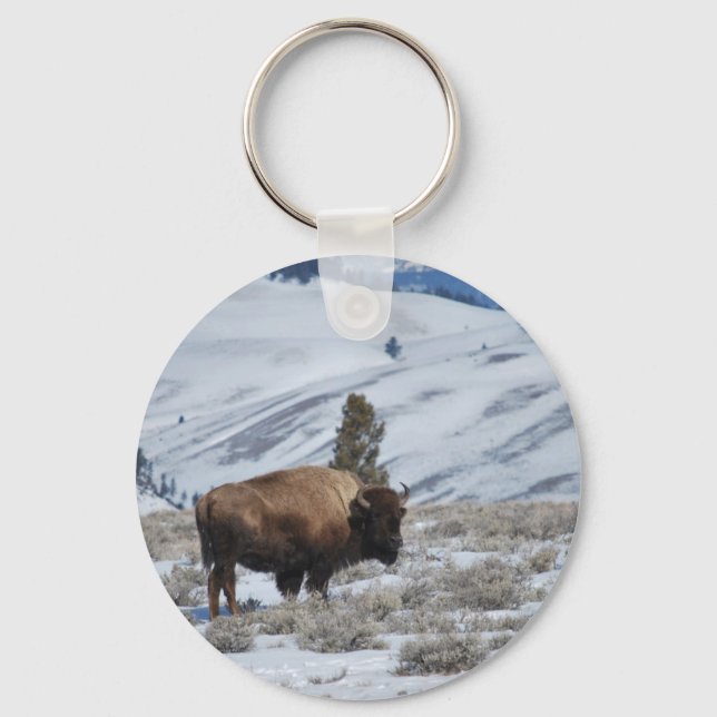 Bison in the Winter Mountains of Yellowstone Key Ring (Front)