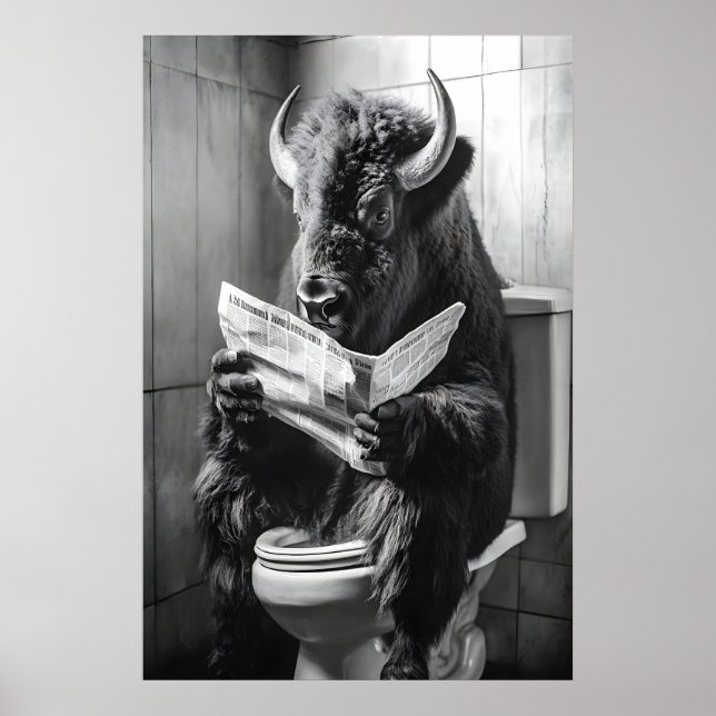 Bison on Toilet Print, Funny Bathroom Newspaper Poster (Front)