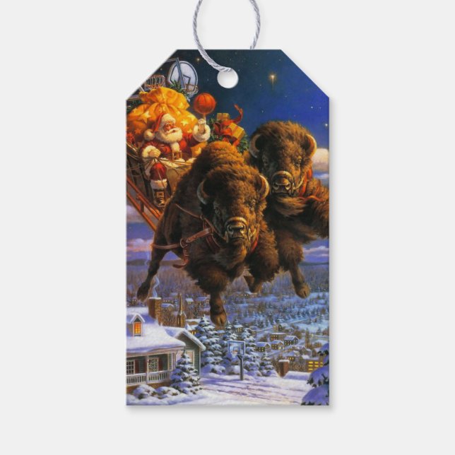 Bison Pulling Santa Claus Gift Tags (Front)