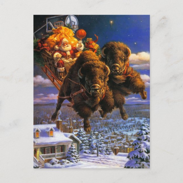 Bison Pulling Santa Claus Holiday Postcard (Front)