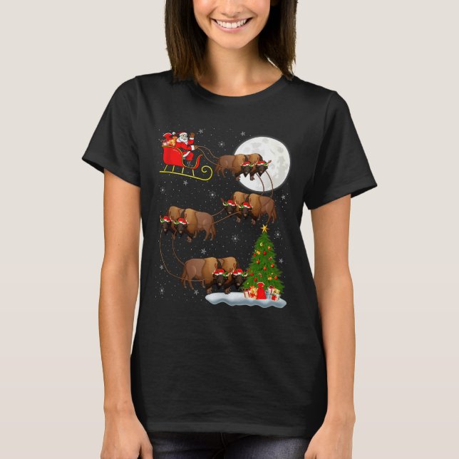 Bison Santa Sleigh Flying Funny Magical Christmas  T-Shirt (Front)