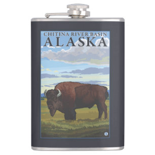 Bison Scene - Chitina River Basin, Alaska Hip Flask