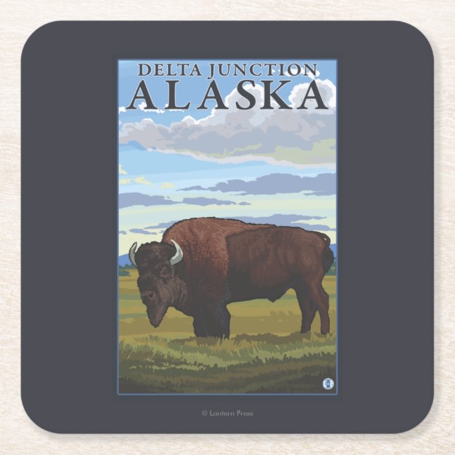 Bison Scene - Delta Junction, Alaska Square Paper Coaster (Front)