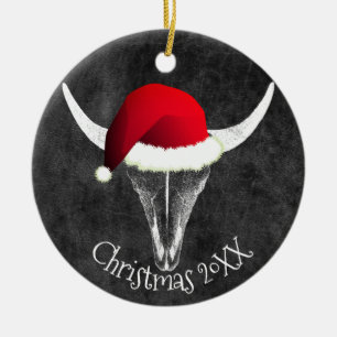 Bison Skull with Santa Hat Christmas Ceramic Ornam Ornament