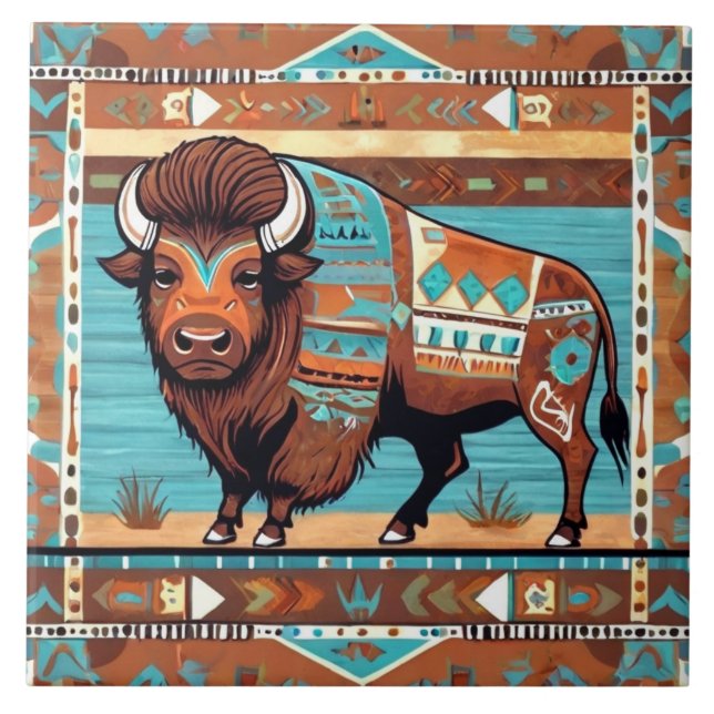 Bison Southwestern Southwest Buffalo Decorative Ceramic Tile (Front)