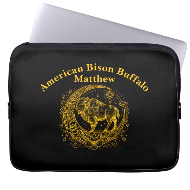 Bison Standing in a Floral Crescent Moon Design Laptop Sleeve (Front)