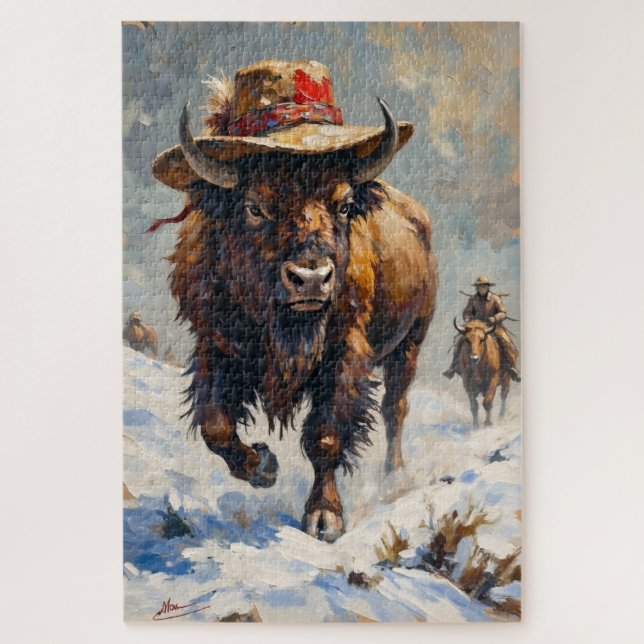 Bison Stoic Guardian of the Snowy Plains Hat Jigsaw Puzzle (Vertical)