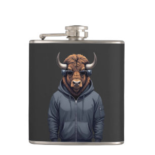 Bison Wearing Hoodie Funny Cool Animal Character Hip Flask