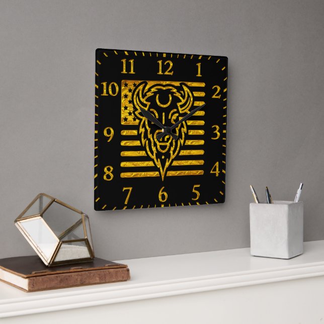 Bison With American Flag Background Square Wall Clock (Office)