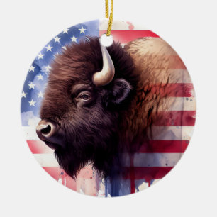 Bison with United States of America flag Ceramic Ornament