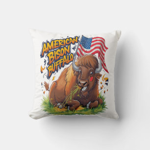 Bison with US Flag in Grass Cushion