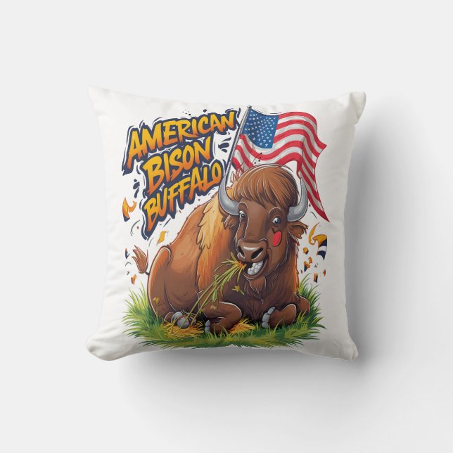 Bison with US Flag in Grass Cushion (Front)