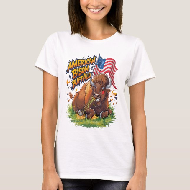 Bison with US Flag in Grass T-Shirt (Front)