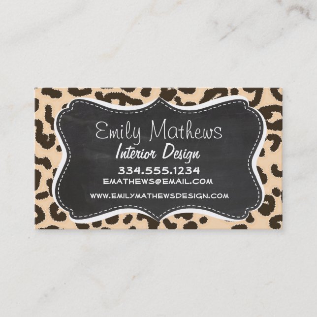 Bisque Colour Leopard Print; Retro Chalkboard Business Card (Front)