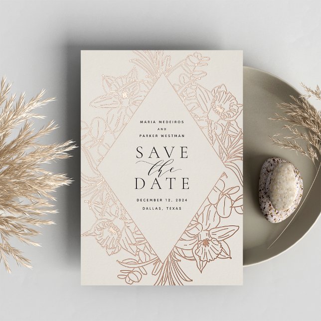 Bisque | Floral Diamond Foil Save the Date Card (Creator Uploaded)