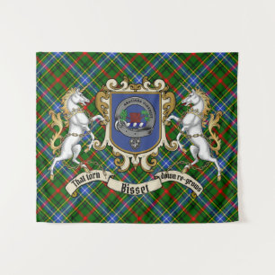 Bisset Clan Badge & Unicorns w/Tartan    Tapestry