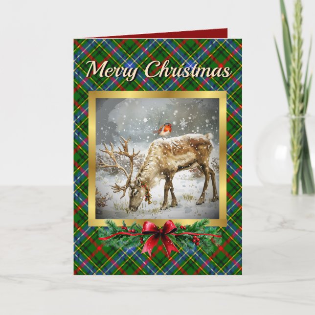 Bisset Stag & Robin Tartan Personalised  Holiday Card (Front)