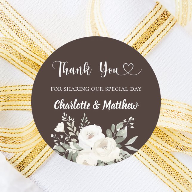 Bistre brown white florals heart thank you wedding classic round sticker (Creator Uploaded)