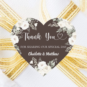 Bistre brown white florals heart thank you wedding heart sticker