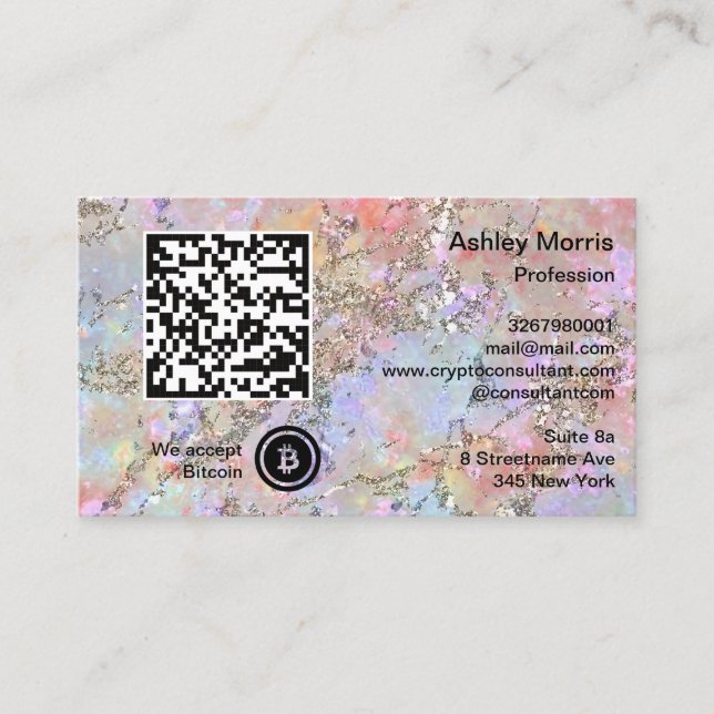 Bit Me QR Code We Accept Bitcoin Logo Glitter Pink Business Card (Front)