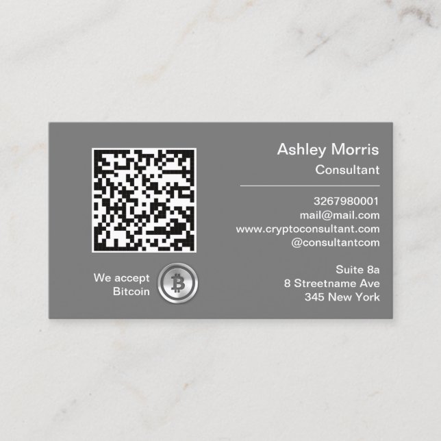 Bit Me QR Code We Accept Bitcoins Custom Grey Silv Business Card (Front)