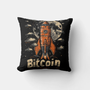 Bitcoin and Rocket to the Moon Crypto Design Cushion