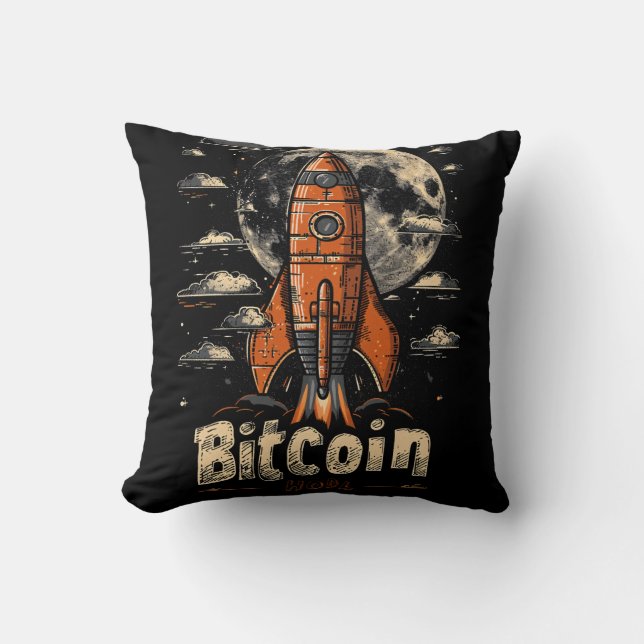Bitcoin and Rocket to the Moon Crypto Design Cushion (Front)