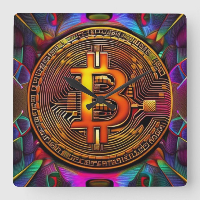Bitcoin BTC Cryptocurrency Art Square Wall Clock (Front)