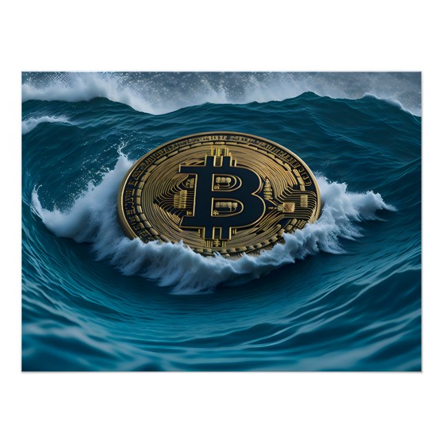 Bitcoin coin in the waves poster (Front)