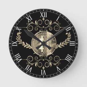 Bitcoin Gold Coin Money Black Design Round Clock