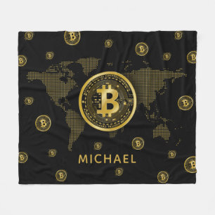 Bitcoin Gold World Black Crypto Personalised Name Fleece Blanket