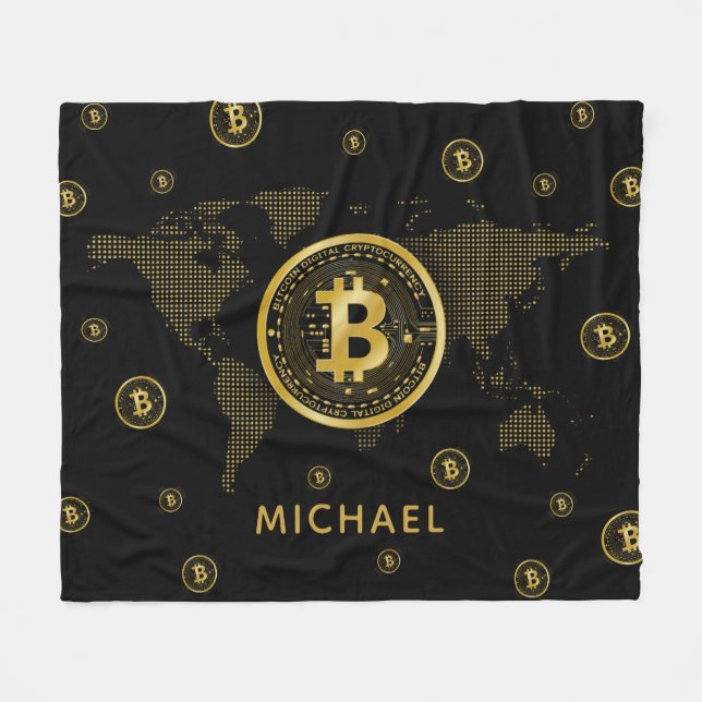 Bitcoin Gold World Black Crypto Personalised Name Fleece Blanket (Front (Horizontal))