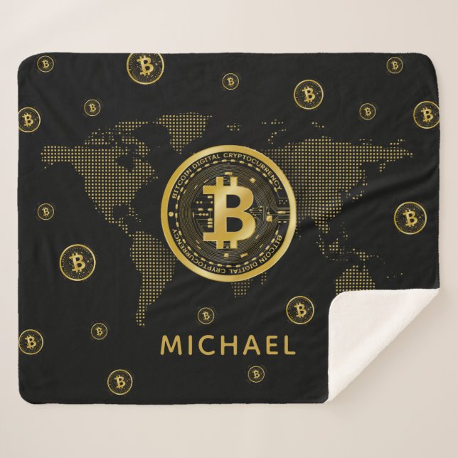 Bitcoin Gold World Black Crypto Personalised Name Sherpa Blanket (Front (Horizontal))