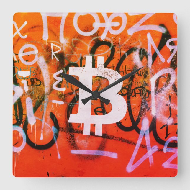 "Bitcoin Graffiti" (Style #9) Street Art Square Wall Clock (Front)