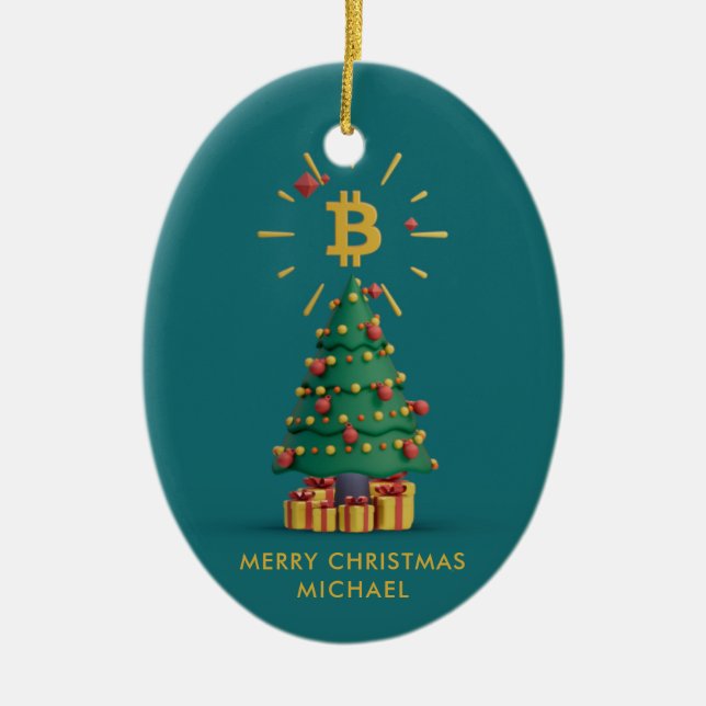 Bitcoin Merry Christmas Cryptocurrency Custom Name Ceramic Ornament (Front)