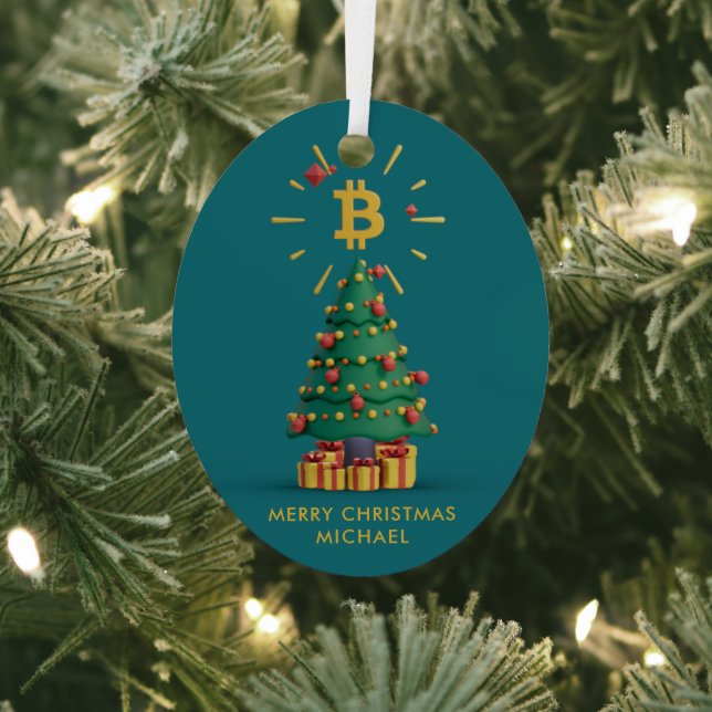 Bitcoin Merry Christmas Cryptocurrency Custom Name Metal Tree Decoration (Insitu)