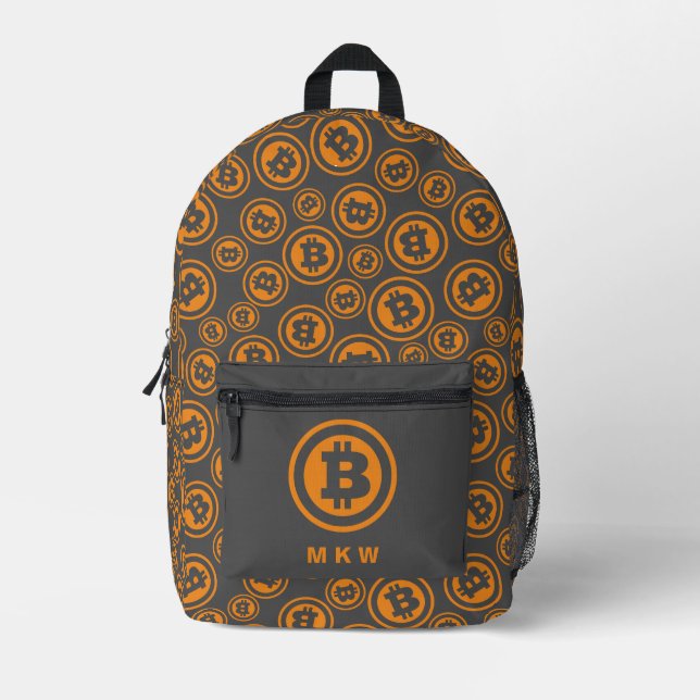 Bitcoin Patterned Orange and Grey Personalised Printed Backpack (Front)