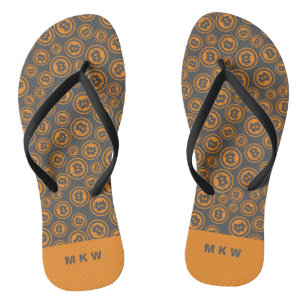 Bitcoin Patterned Orange and Grey Personalised Thongs