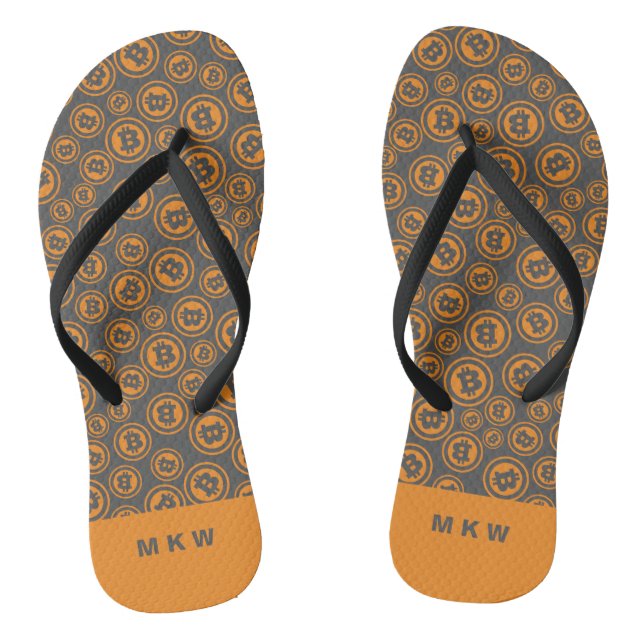 Bitcoin Patterned Orange and Grey Personalised Thongs (Footbed)
