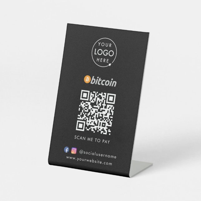 Bitcoin Payment | Black Business Scannable QR Code Pedestal Sign (Front)
