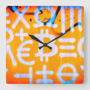 Bitcoin Street Art (Orange Painting No. 1) Square Wall Clock