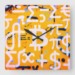 Bitcoin Street Art (Orange Painting No. 4) Square Wall Clock