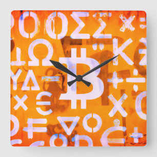 Bitcoin Street Art (Orange Painting No. 6) Square Wall Clock