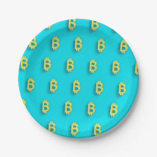 Bitcoin Symbol, BTC Crypto Turquoise blue Paper Plate